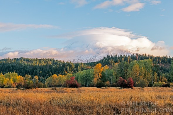 Sunrise at Mt. Adams from Elk Meadow with early color of Aspen (Philip A. Knouf)